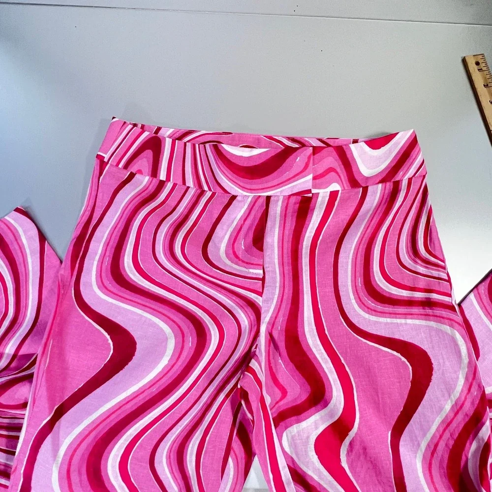 Zara Pink Psychedelic Swirl Linen Blend Wide Leg Pants Womens Size M Retro Boho
